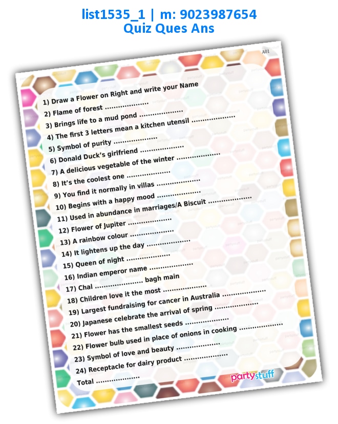 Floral Fun Quiz | Printed list1535_1 Printed Paper Games