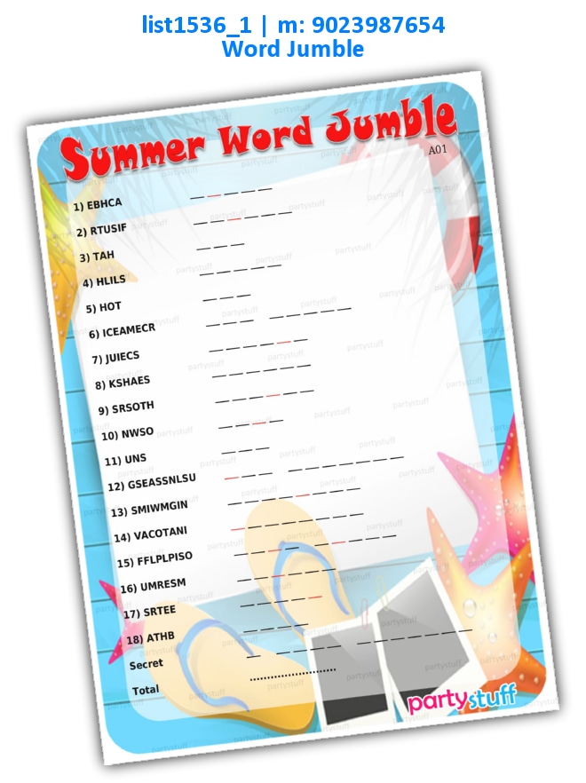 Summer Word Jumble list1536_1 Printed Paper Games