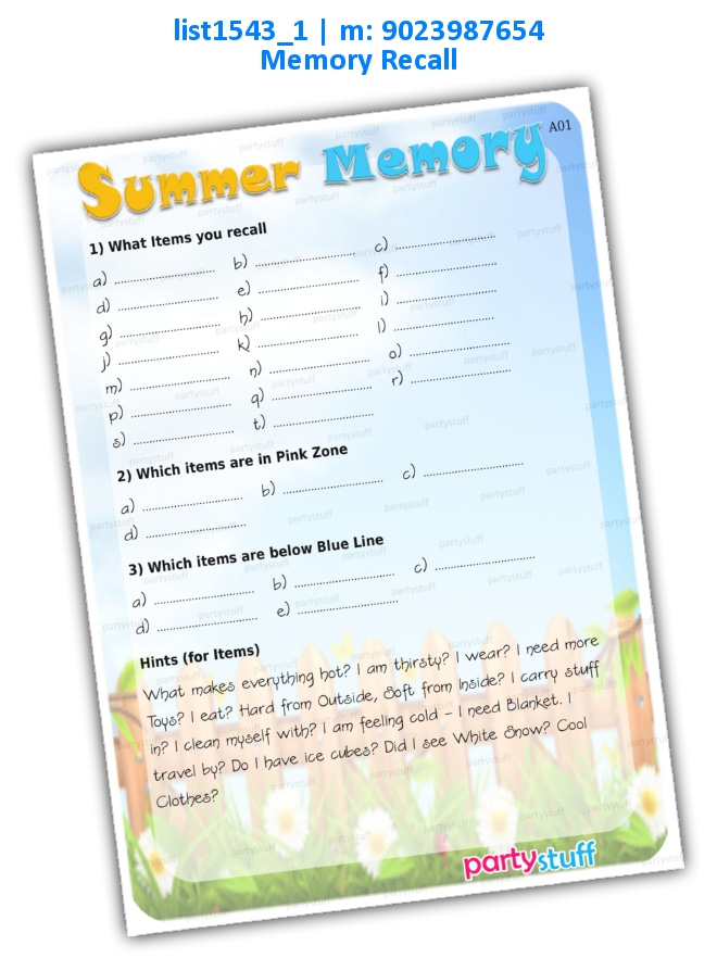 Summer Memory Recall | Printed list1543_1 Printed Paper Games
