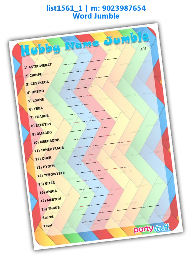 Hubby Name Jumble 2 list1561_1 Printed Paper Games