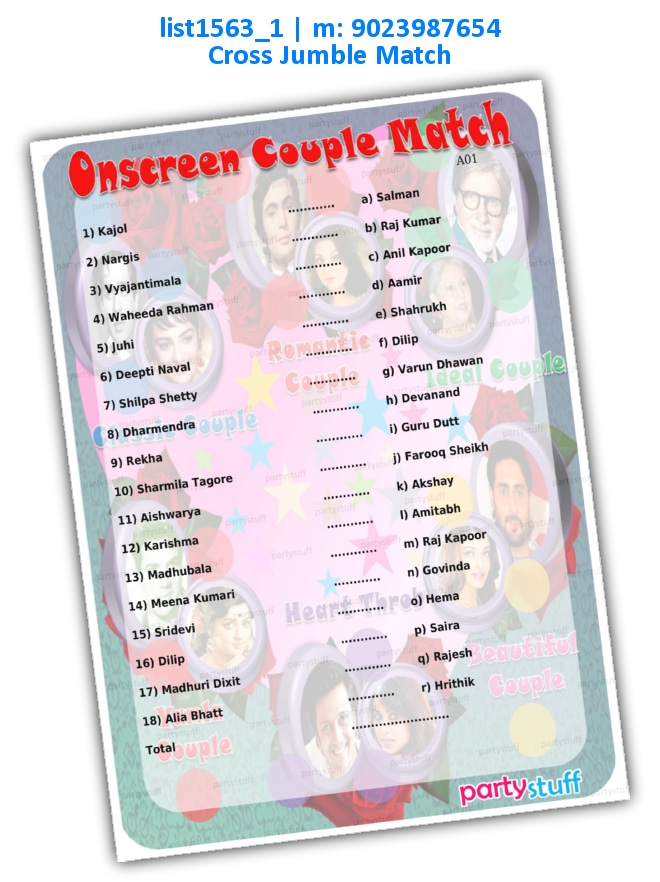 Onscreen Couple Match 2 list1563_1 Printed Paper Games