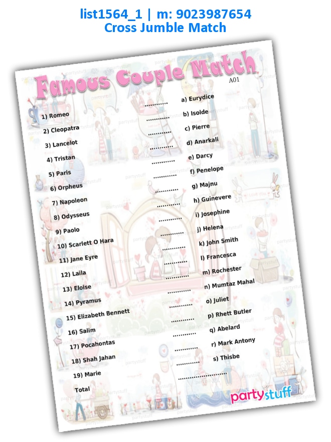 Famous International Couple Match 3 | Printed list1564_1 Printed Paper Games