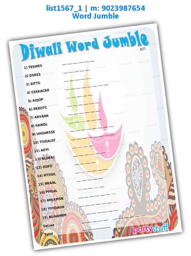 Diwali Word Jumble | Printed list1567_1 Printed Paper Games