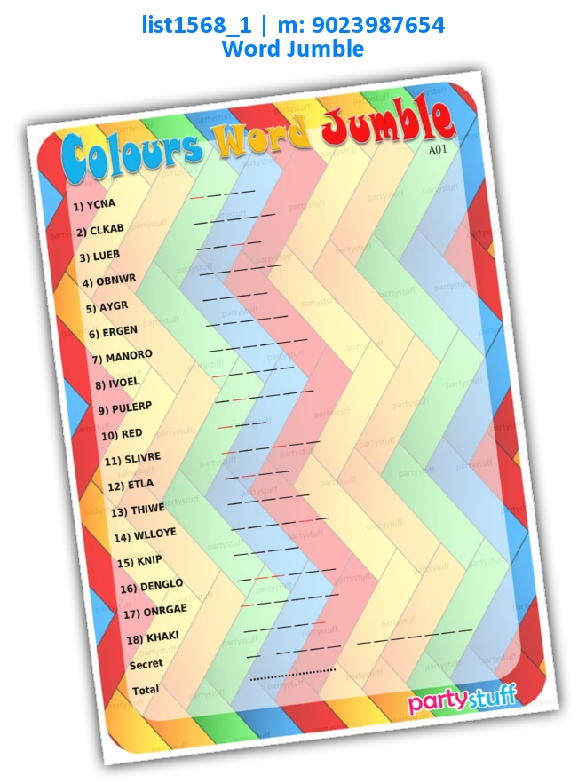 Colours Word Jumble | Printed list1568_1 Printed Paper Games