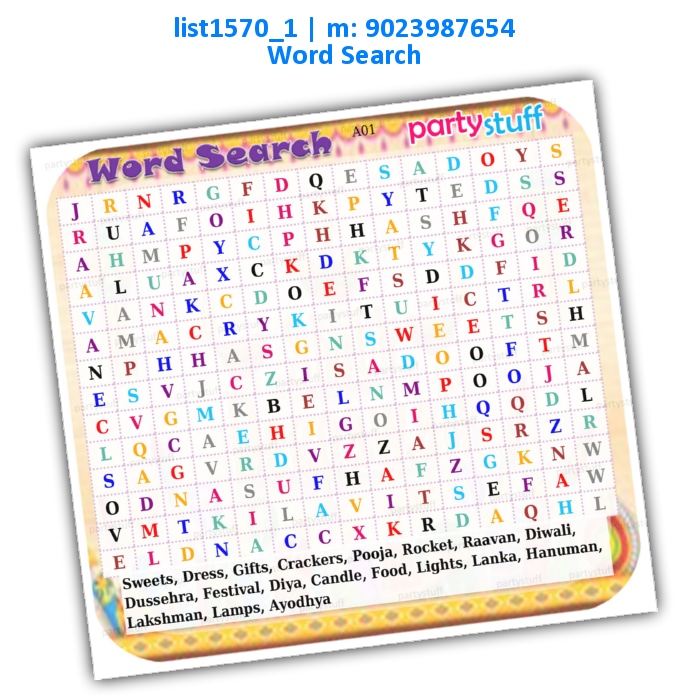 Diwali Word Search list1570_1 Printed Paper Games