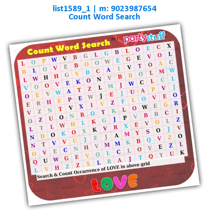Love Count Word Search | Printed list1589_1 Printed Paper Games