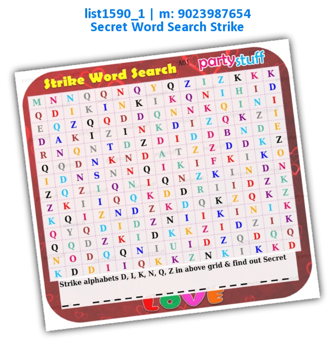 Love Strike Word Search list1590_1 Printed Paper Games