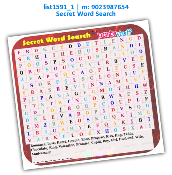 Love Secret Word Search | Printed list1591_1 Printed Paper Games