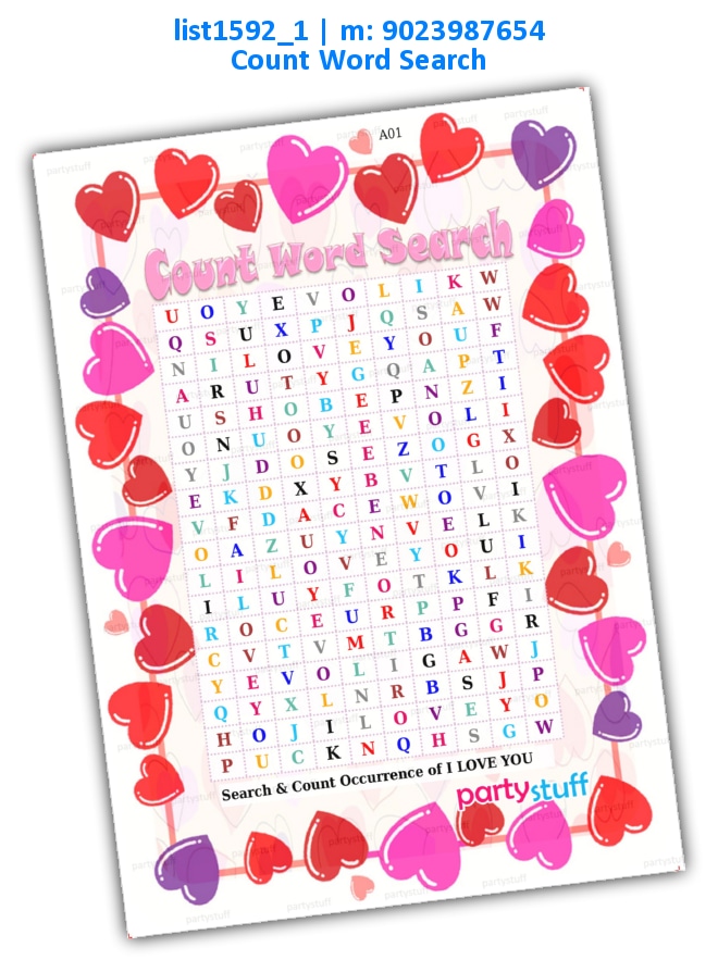 I Love You Count Word Search | Printed list1592_1 Printed Paper Games