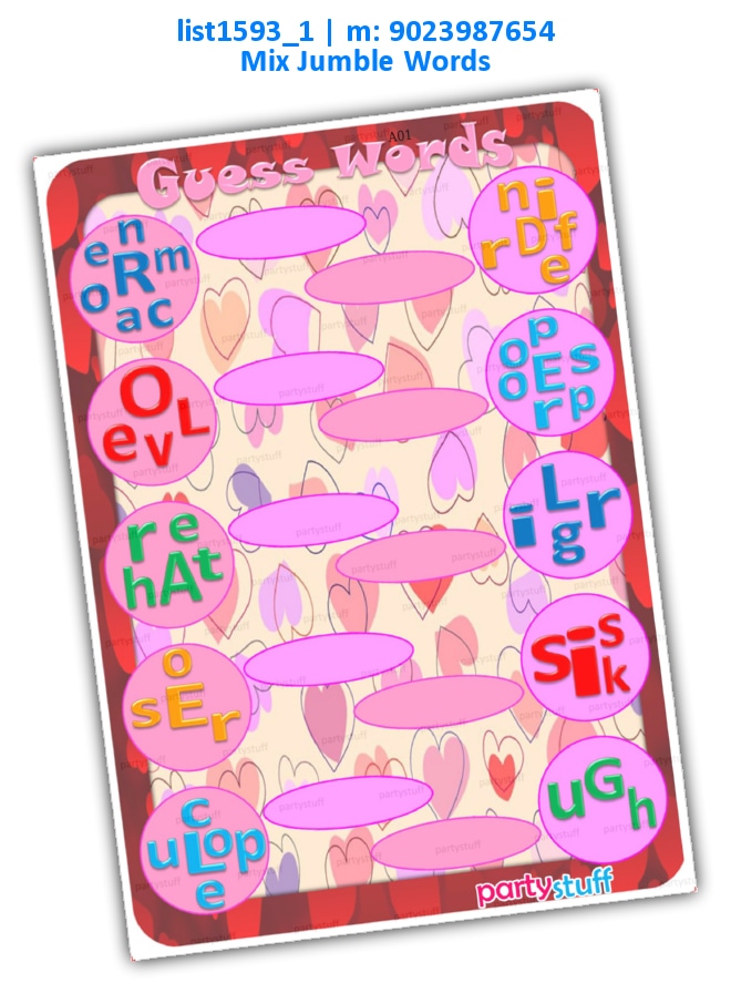 Romantic Guess Words list1593_1 Printed Paper Games