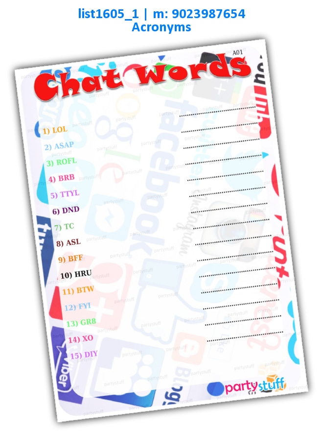 Chat Acronyms | Printed list1605_1 Printed Paper Games