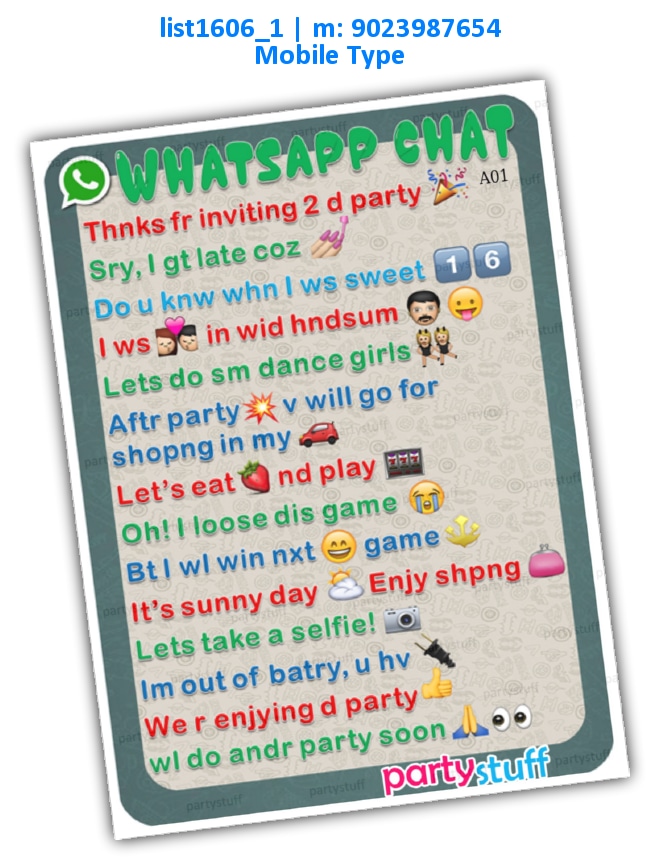 Whatsapp Chat Type | Printed list1606_1 Printed Paper Games