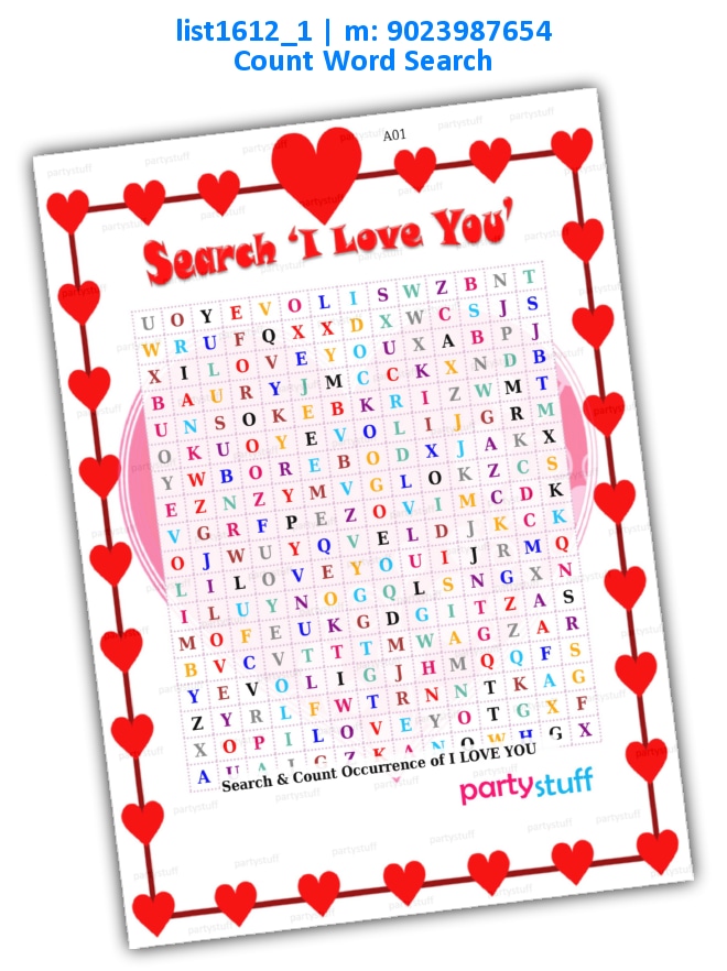 Search I Love You Word | Printed list1612_1 Printed Paper Games