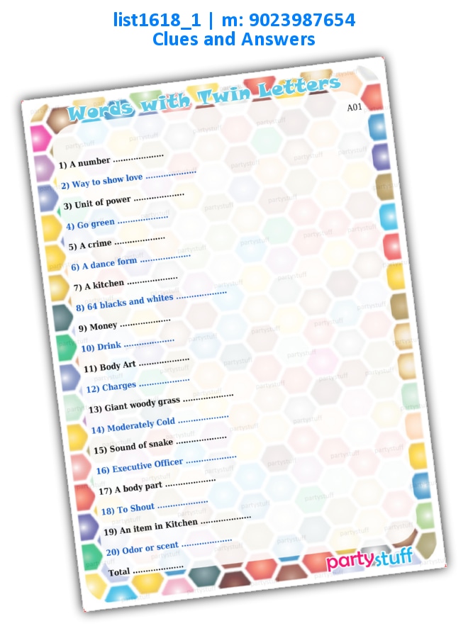 Twin Letters Words | Printed list1618_1 Printed Paper Games