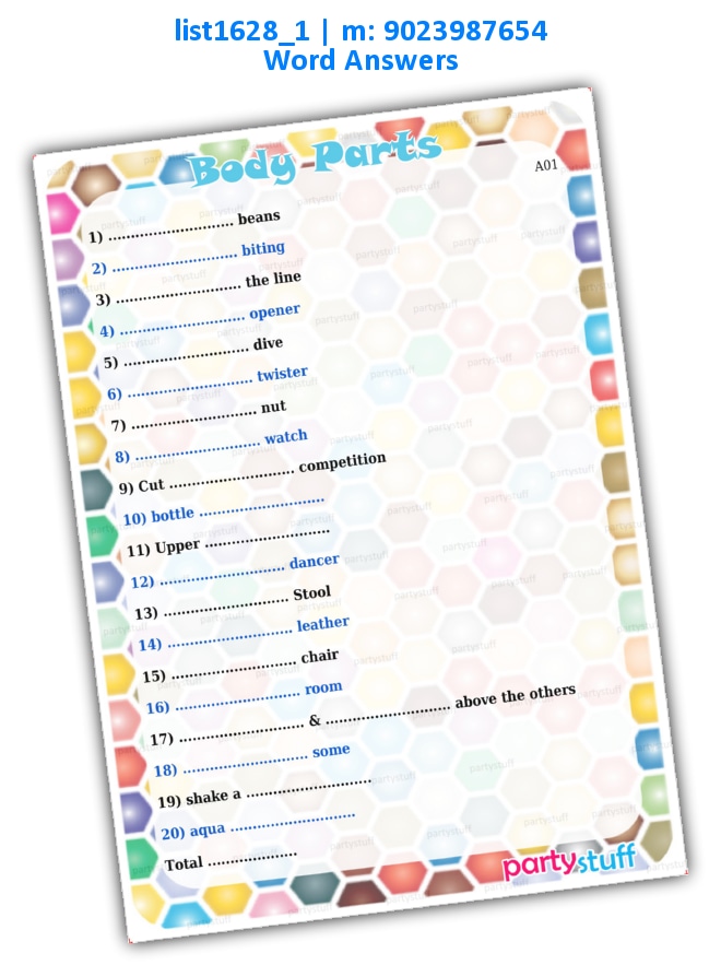 Body Parts Words list1628_1 Printed Paper Games