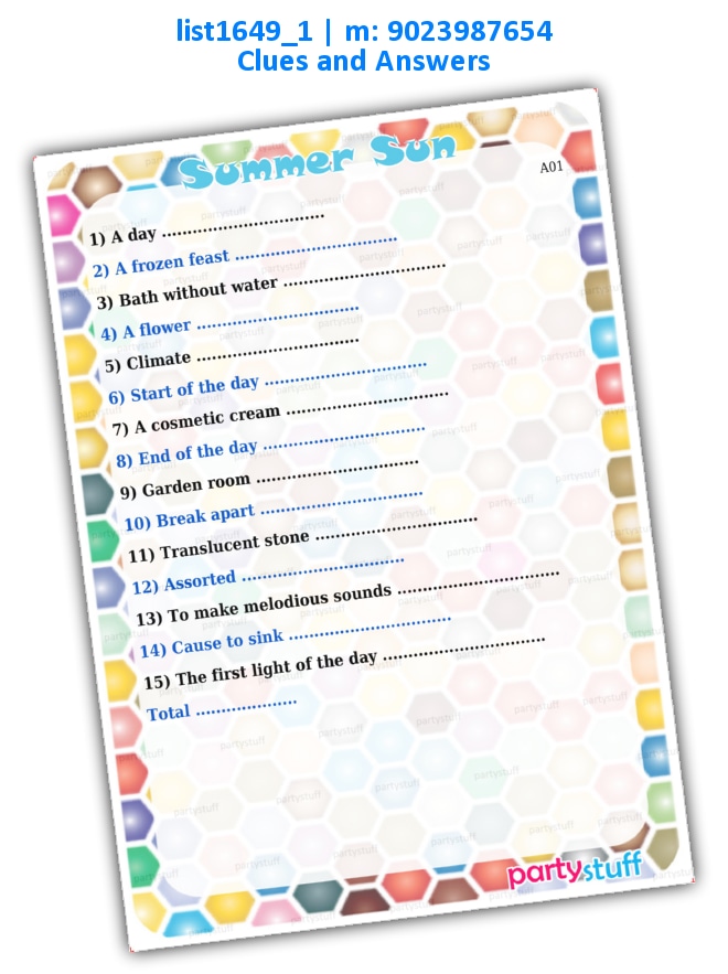 Summer Sun Words | Printed list1649_1 Printed Paper Games
