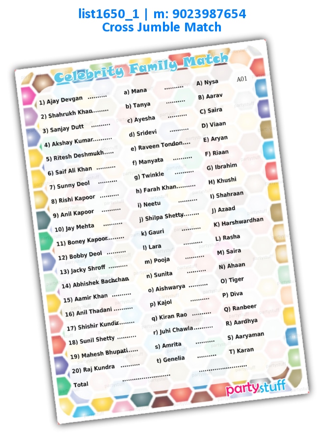 Bollywood Family Match list1650_1 Printed Paper Games