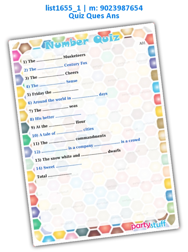 Number Quiz 1 | Printed list1655_1 Printed Paper Games