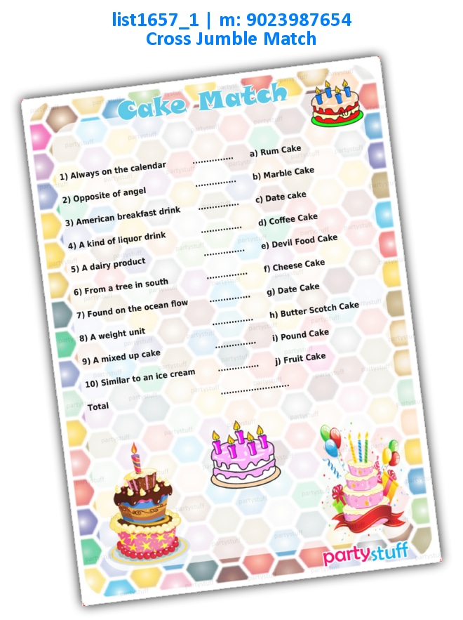 Cake Match | Printed list1657_1 Printed Paper Games