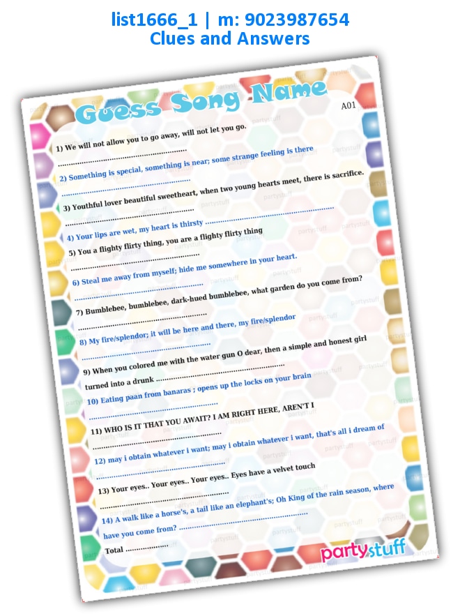 Songs English Guess | Printed list1666_1 Printed Paper Games