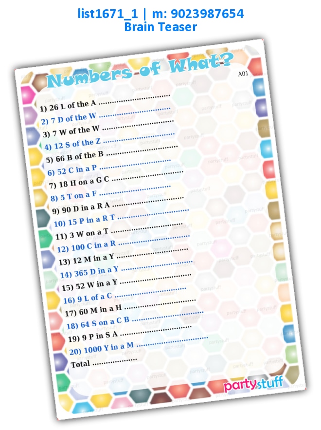 Numbers of What | Printed list1671_1 Printed Paper Games