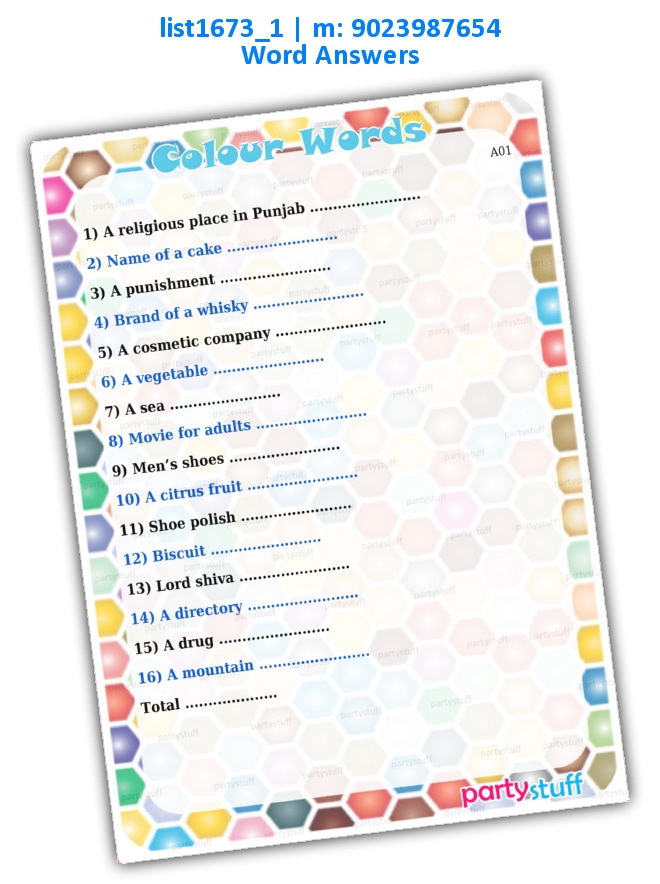 Words with Colour | Printed list1673_1 Printed Paper Games