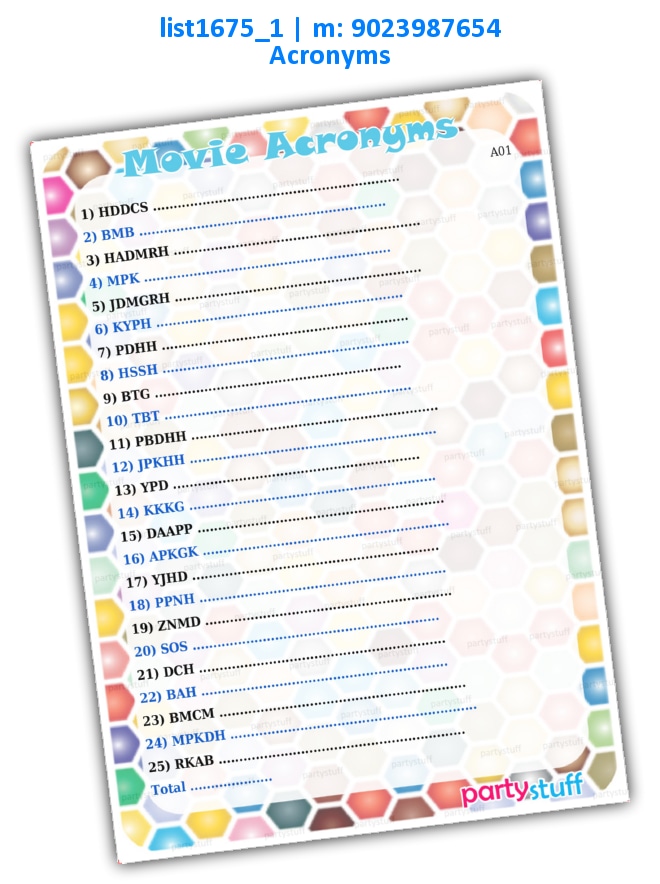 Movies Acronym | Printed list1675_1 Printed Paper Games