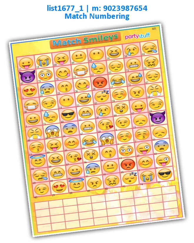 Smiley Match Numbering | Printed list1677_1 Printed Paper Games