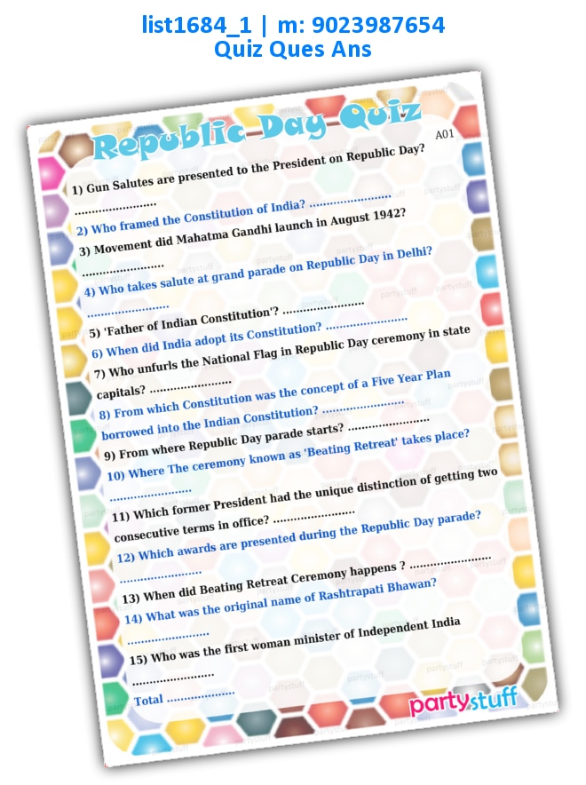 Republic Day Quiz | Printed list1684_1 Printed Paper Games
