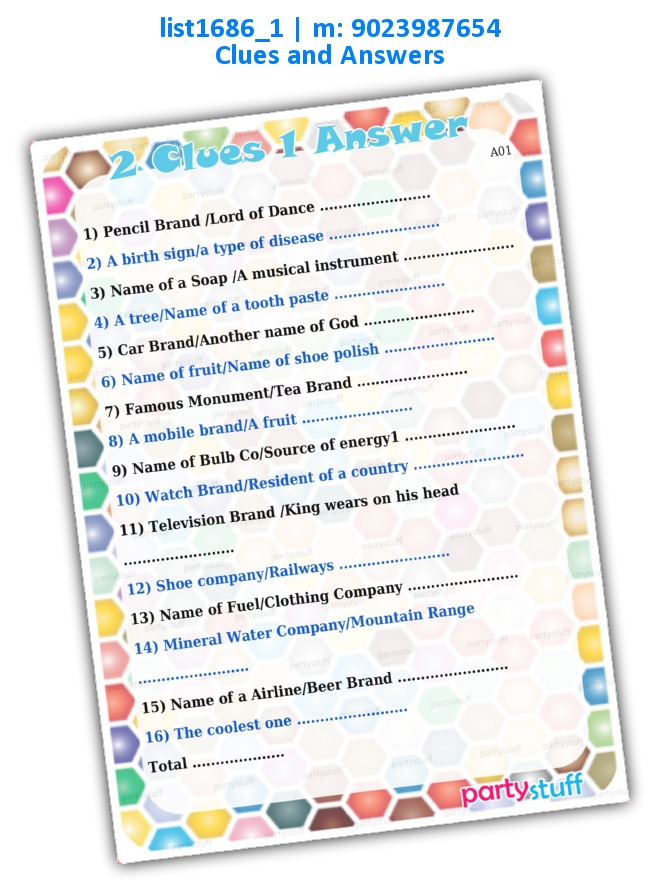 2 Clues 1 Answer | Printed list1686_1 Printed Paper Games