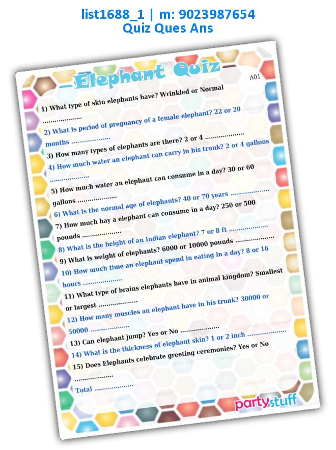 Elephant Quiz | Printed list1688_1 Printed Paper Games