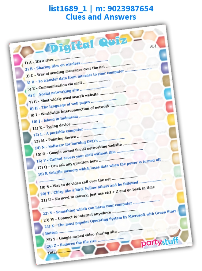 Digital Quiz | Printed list1689_1 Printed Paper Games