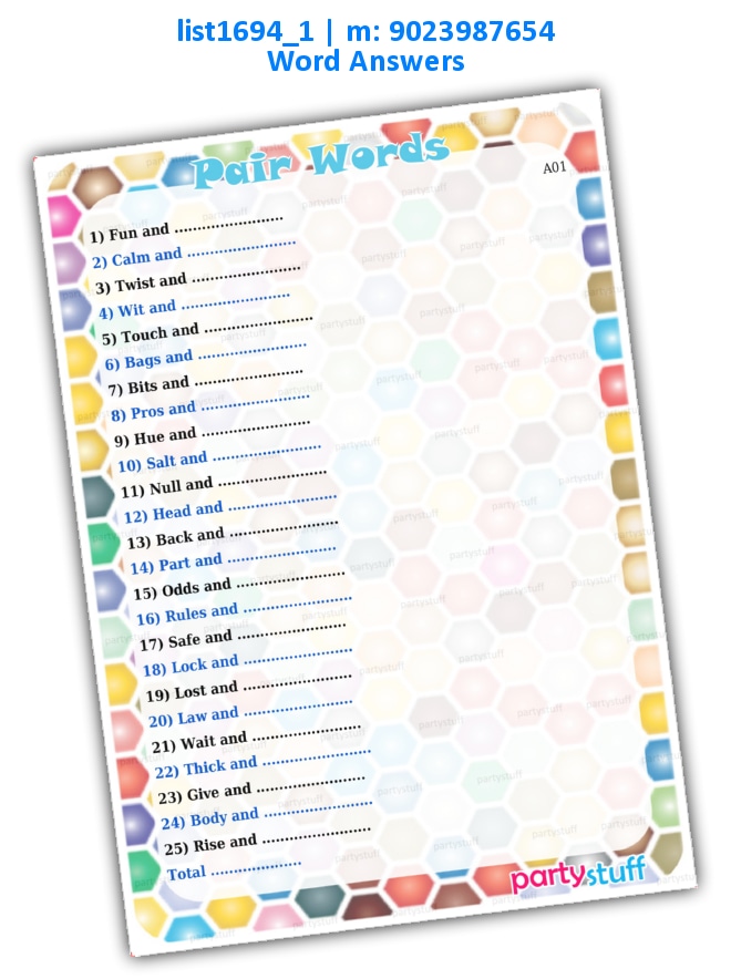 Pair Words | Printed list1694_1 Printed Paper Games