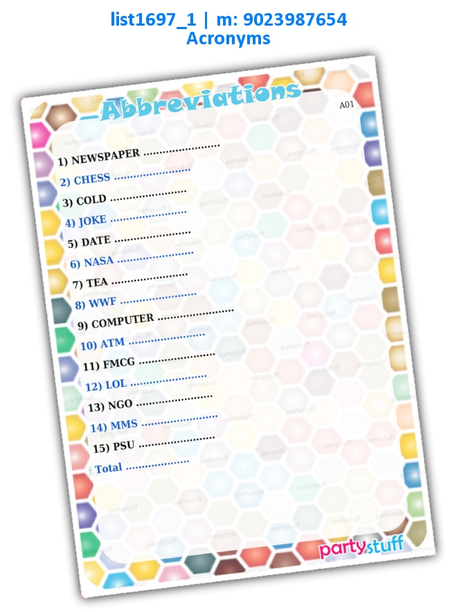 Guess Abbreviations | Printed list1697_1 Printed Paper Games