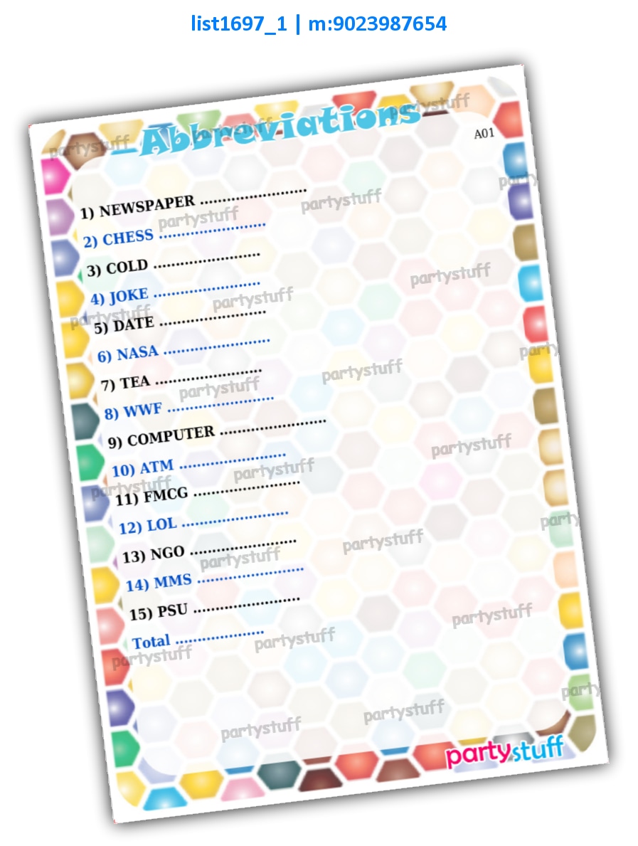 Guess Abbreviations list1697_1 Printed Paper Games