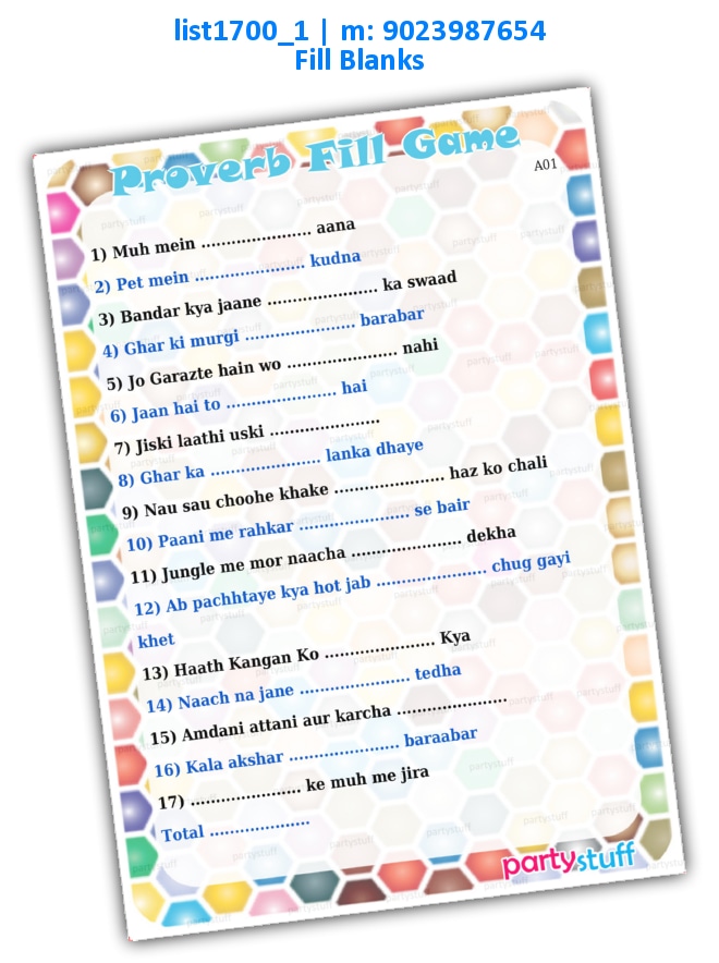 Fill Proverbs | Printed list1700_1 Printed Paper Games