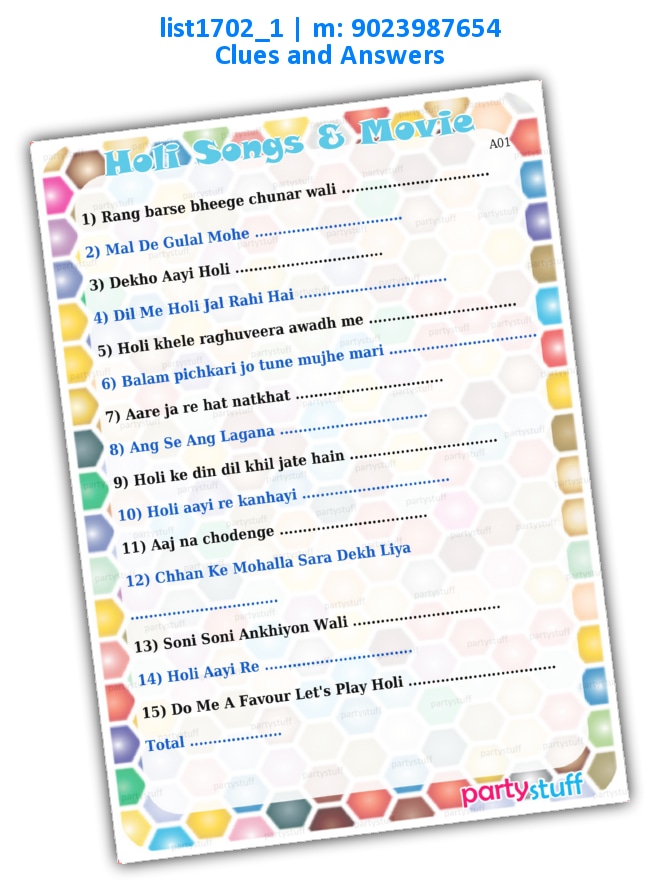 Guess Holi Songs Movies | Printed list1702_1 Printed Paper Games