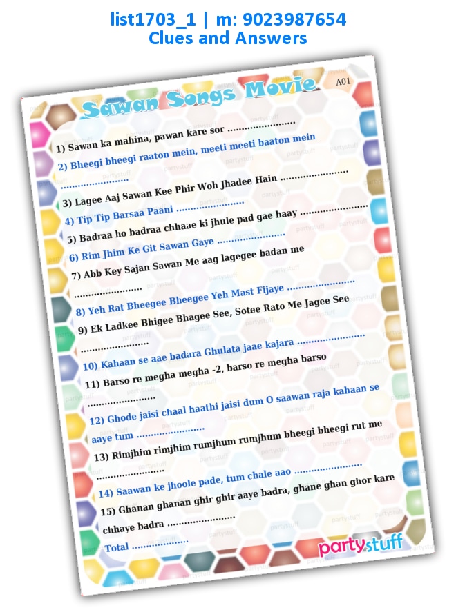 Guess Saavan Songs Movies | Printed list1703_1 Printed Paper Games