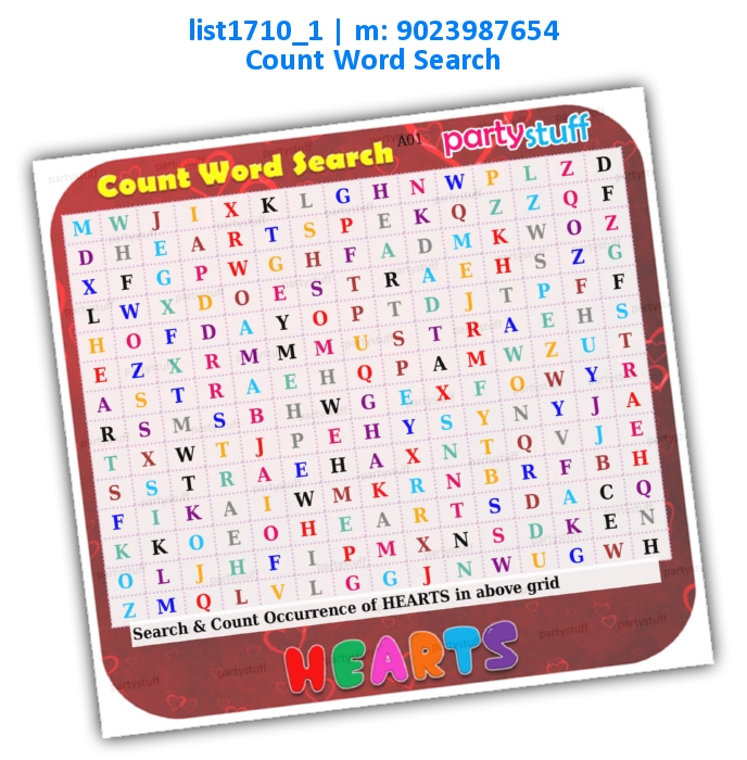 Hearts Count Word Search | Printed list1710_1 Printed Paper Games