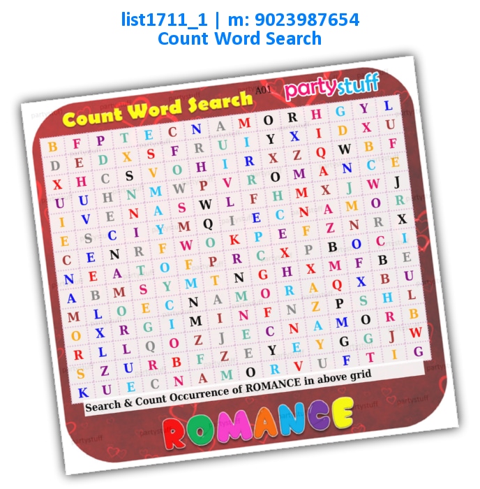 Romance Count Word Search | Printed list1711_1 Printed Paper Games