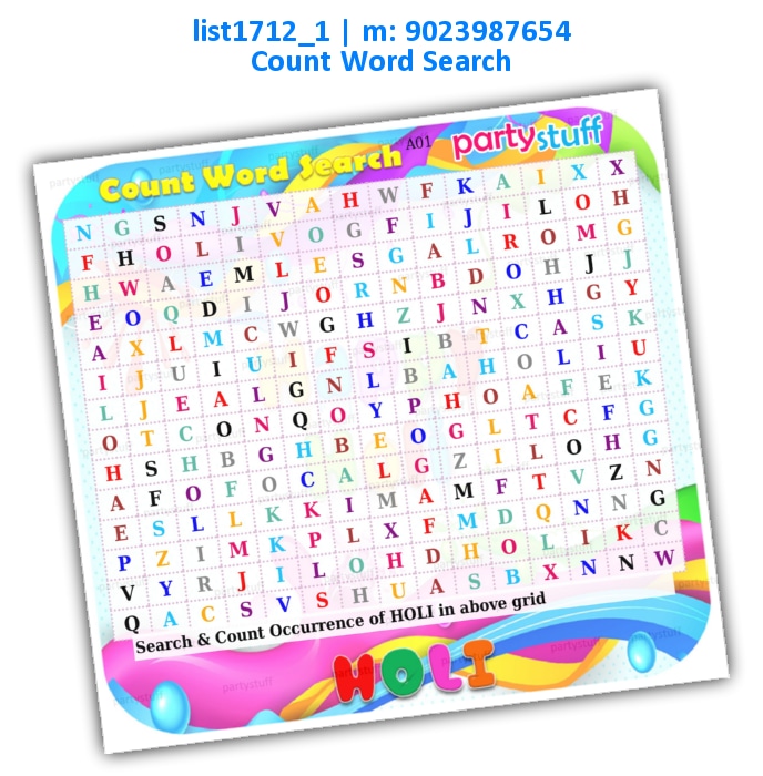 Holi Count Word Search list1712_1 Printed Paper Games