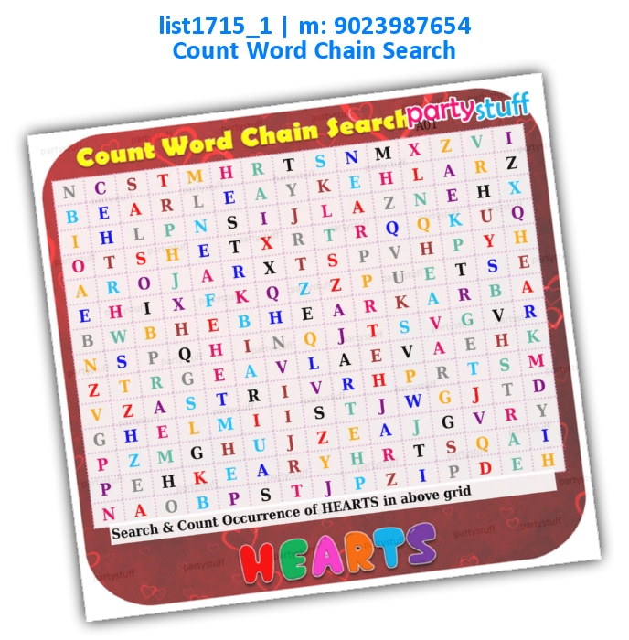 Hearts Count Word Chain Search list1715_1 Printed Paper Games