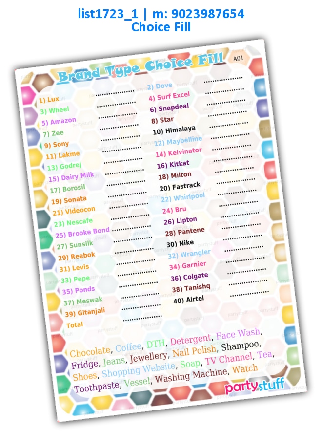 Brand Type Choice Fill | Printed list1723_1 Printed Paper Games