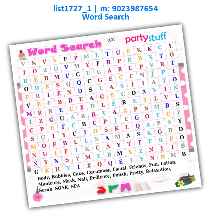 Spa Word Search | Printed list1727_1 Printed Paper Games