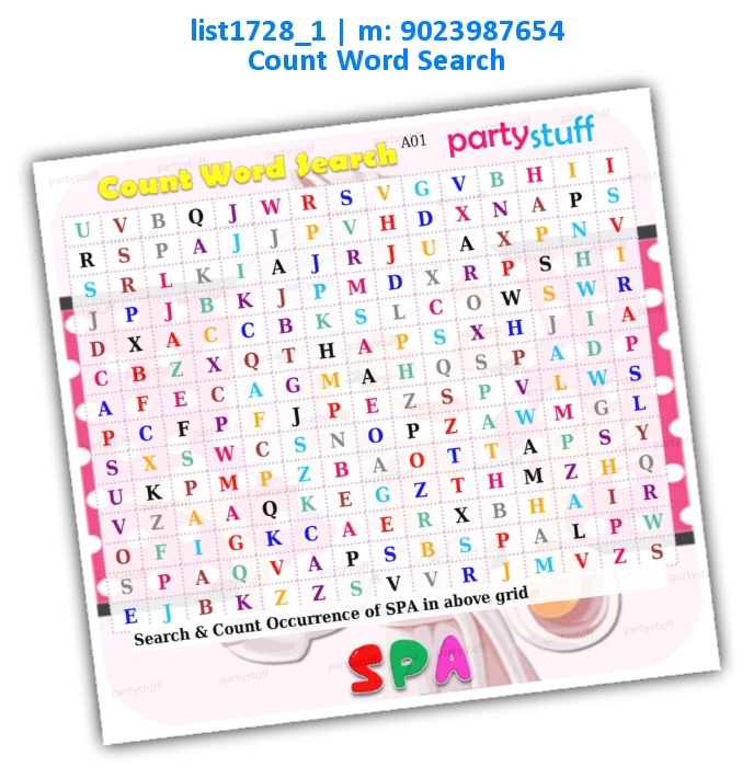 Spa Count Word Search | Printed list1728_1 Printed Paper Games
