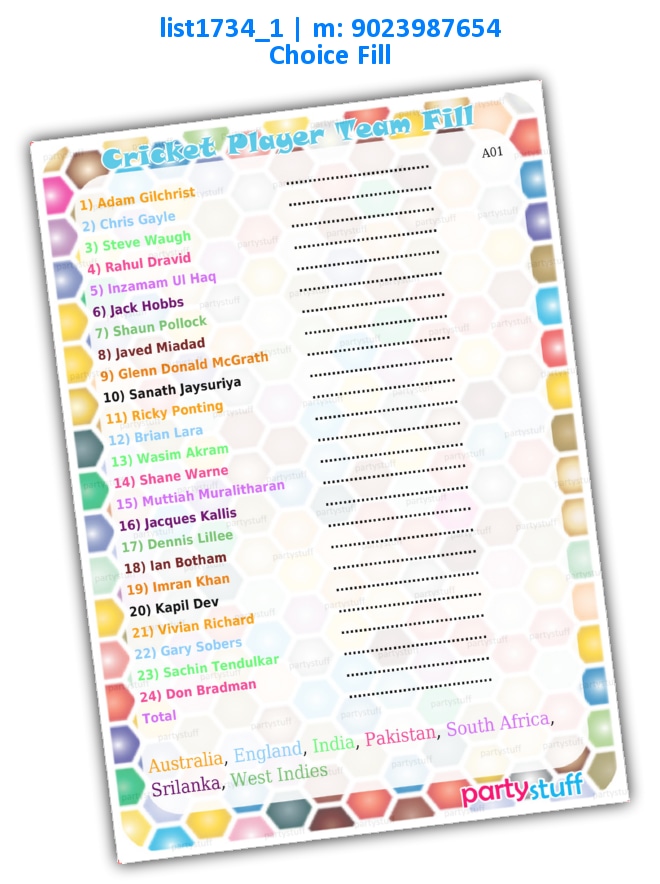 Cricket Player Team Match | Printed list1734_1 Printed Paper Games