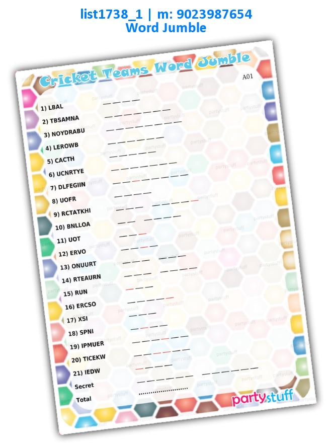 Cricket Terms Word Jumble list1738_1 Printed Paper Games