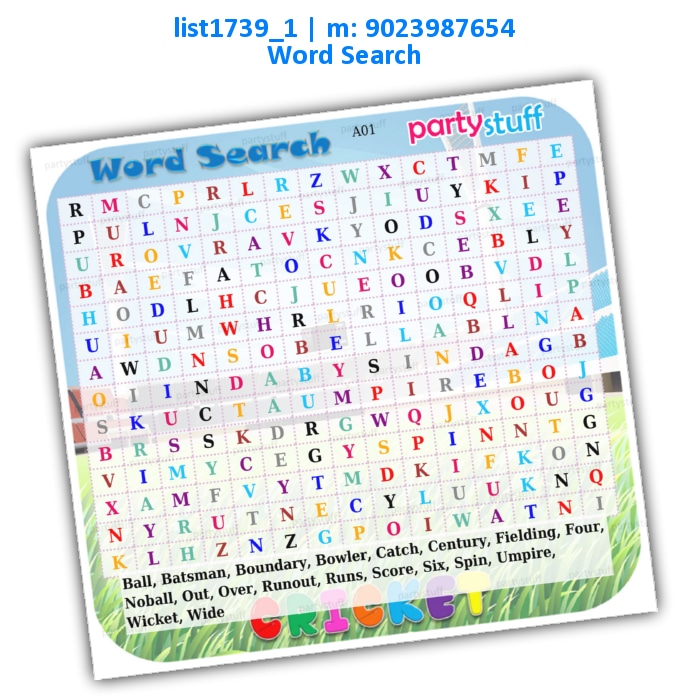 Cricket Terms Word Search list1739_1 Printed Paper Games