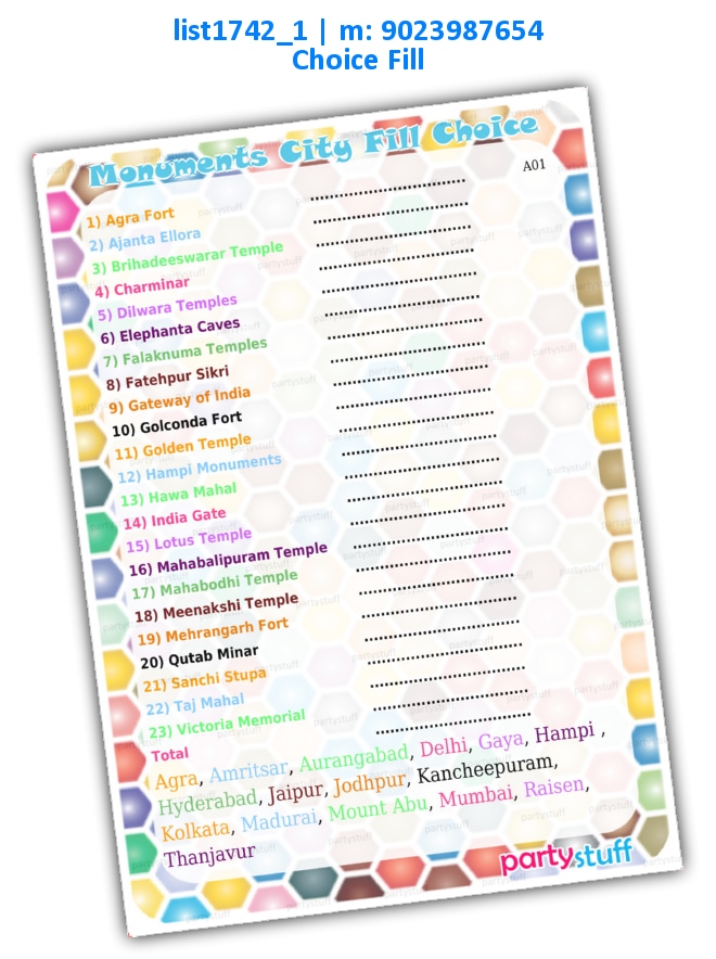 Monument City Fill Choice | Printed list1742_1 Printed Paper Games