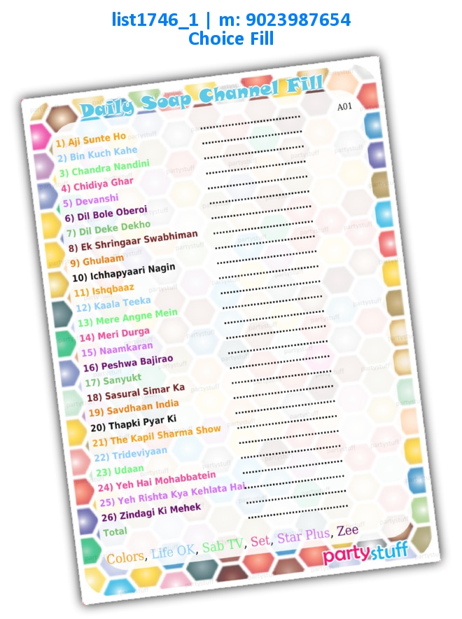 Daily Soap Channel Fill Choice | Printed list1746_1 Printed Paper Games